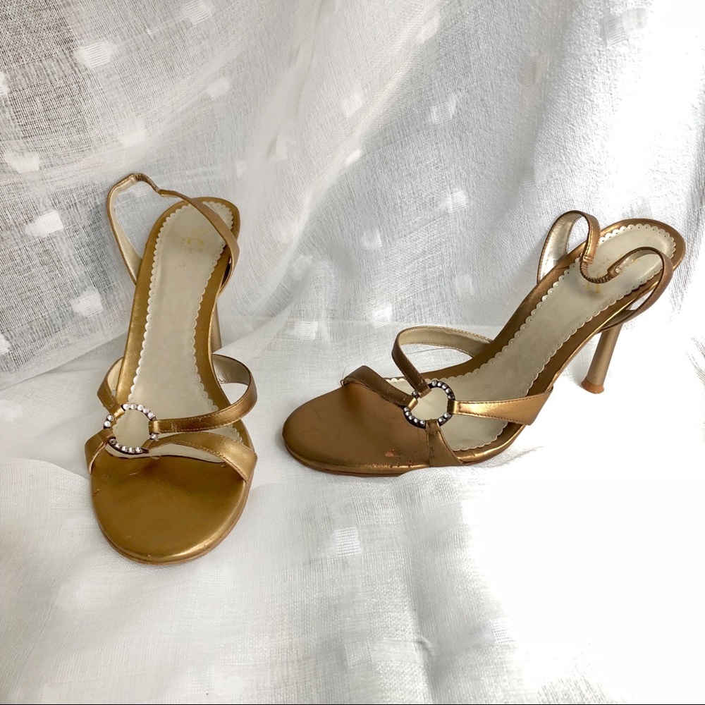 street style BCBGeneration gold strappy heels